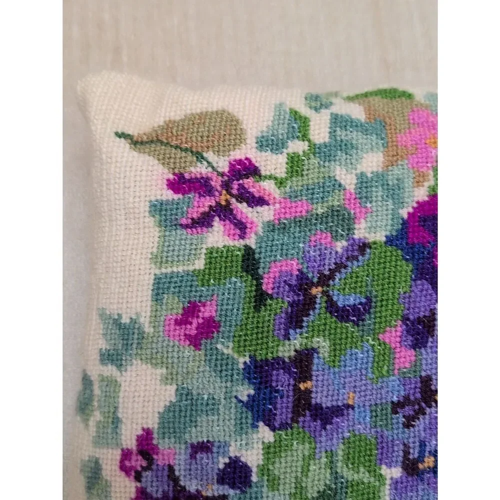 Vintage Floral Needlepoint Pillow - Purple, Pink & Green Violets
